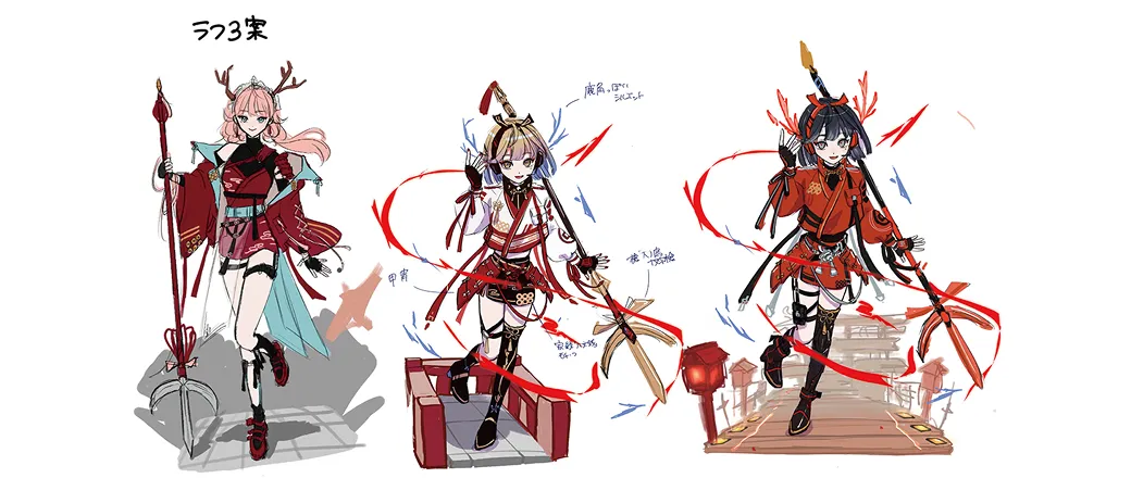 鎧をまとったキャラクターのデザイン案が複数並び、キャラクター創作の考え方を学ぶ様子を示す画像