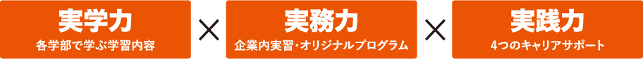 実学力 各学部で学ぶ学習内容 / 実務力 企業内実習・オリジナルプログラム / 実践力 4つのキャリアサポート